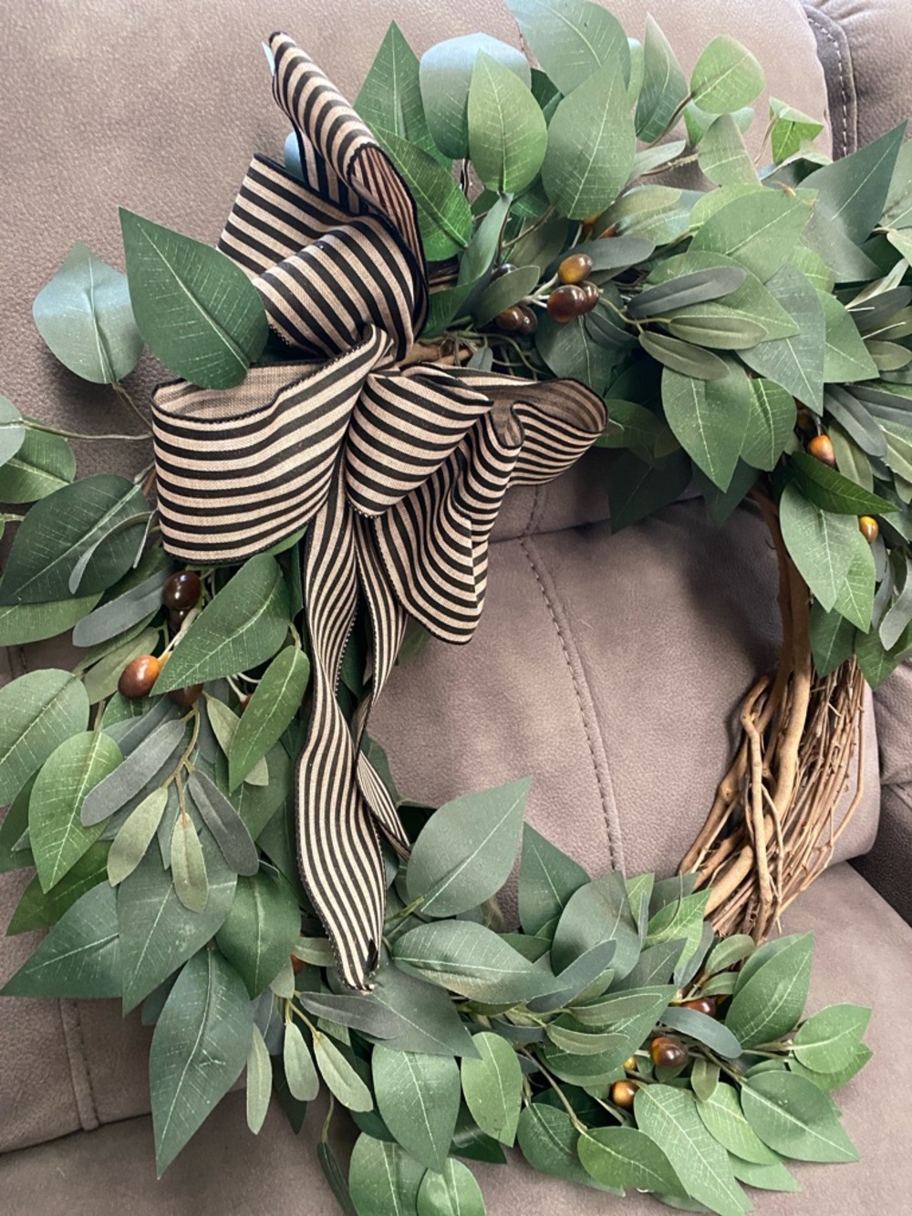 Green Willow Leaf Door Hanging Wreath with Striped Bow - Picture 2 of 5
